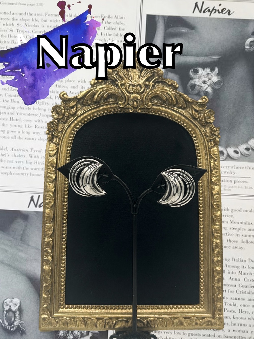Vintage Pre 1955 Napier Crescent Earrings, Silver Plated